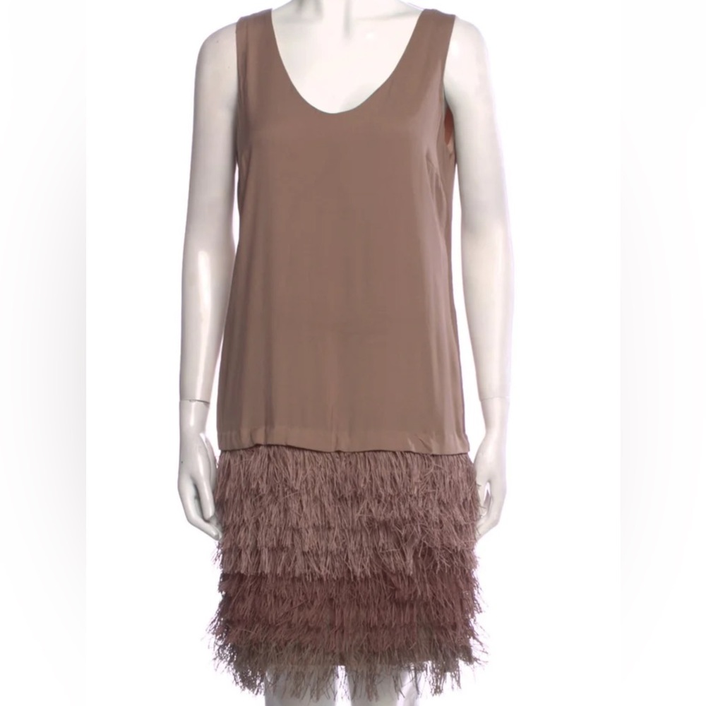 Brunello Cucinelli Cafe Brown Fringed Silk Shift Dress